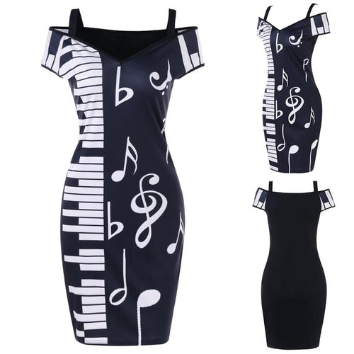 KANCOOLD dress new high quality Music Note Print Strapless V-neck Short Sleeve Dress Camisole Mini dress women AP24