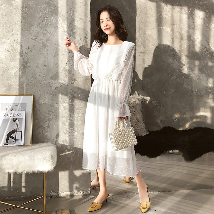 BGTEEVER Ruffles Polka Dot Women Chiffon Dress Elastic Waist Flare Sleeve Female Long Vestidos Retro A-line Women Dress 2019