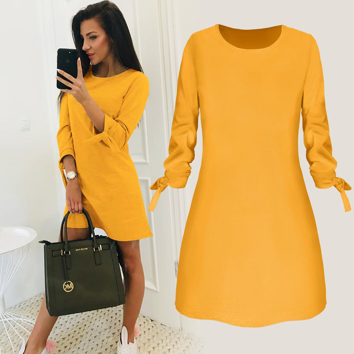 2019  New Spring Fashion Solid Color Dress Casual O-Neck Loose Dresses  Bow Elegant Beach Female Vestidos Plus Size 5XL